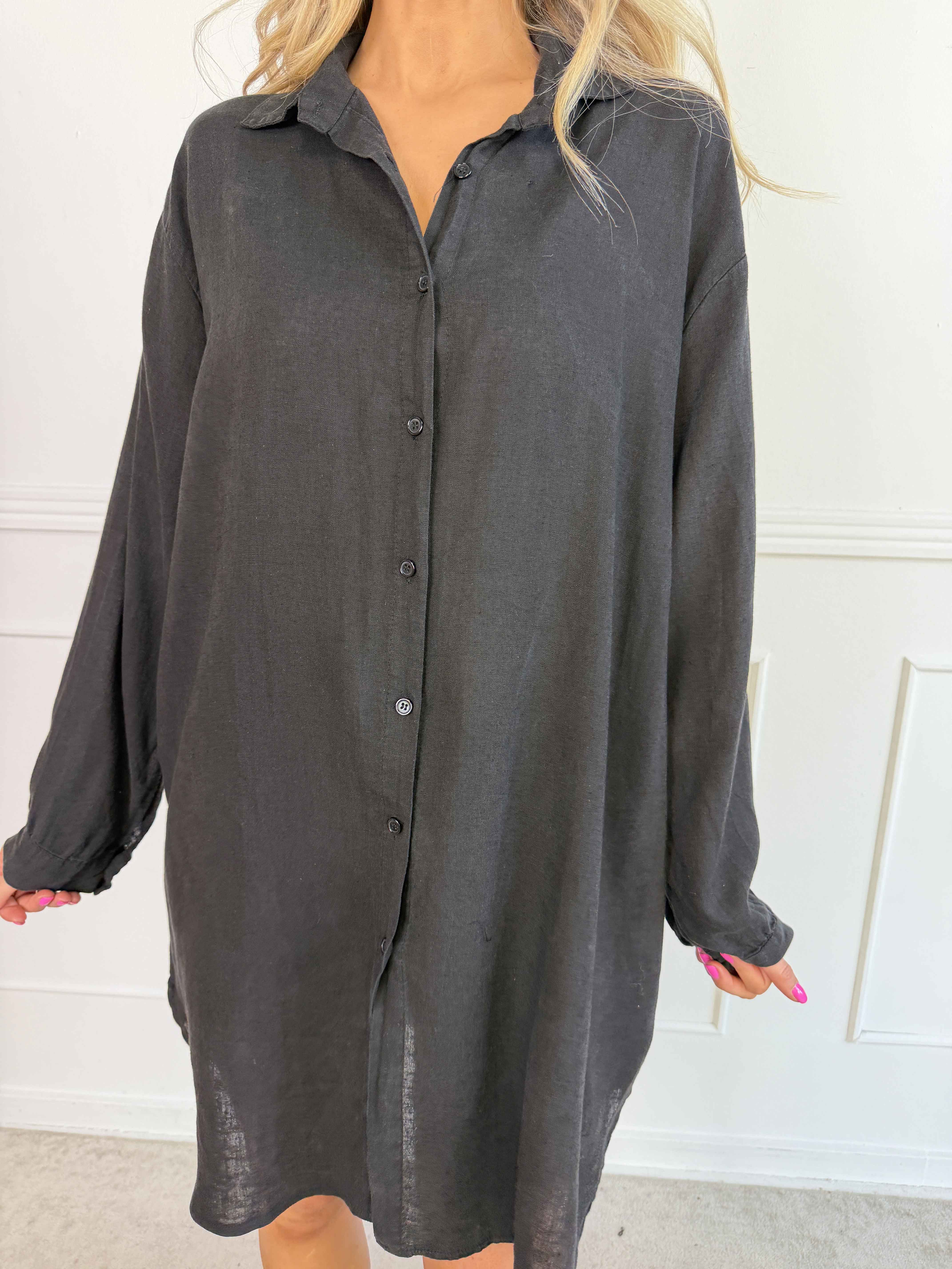 Clara Dress - Ensfarvet skjortekjole i viskose og hør